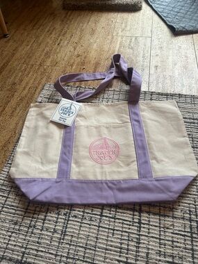 Trader Joe's Lavender-Trim Large Canvas Tote Bag! NWT